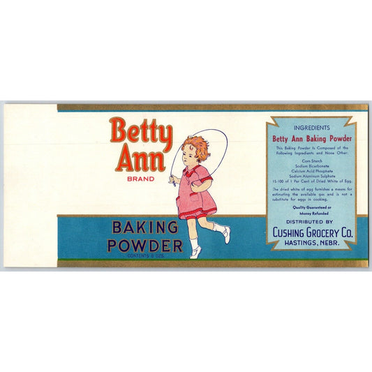 Betty Ann Baking Powder Paper Can Label c1925-35 Girl w/ Jump Rope VGC