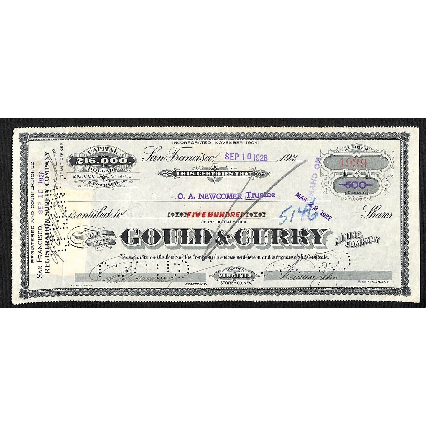 Gould & Curry Mining Company San Francisco 1926 Stock Certificate #4939 VGC