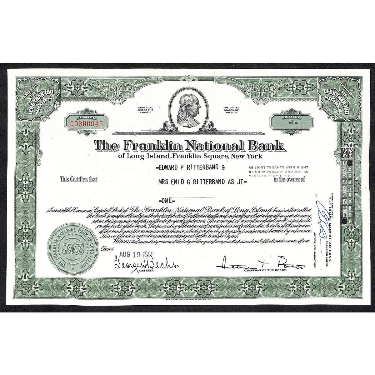 The Franklin National Bank * NY 1960 Stock Certificate to Edward P. Ritterband