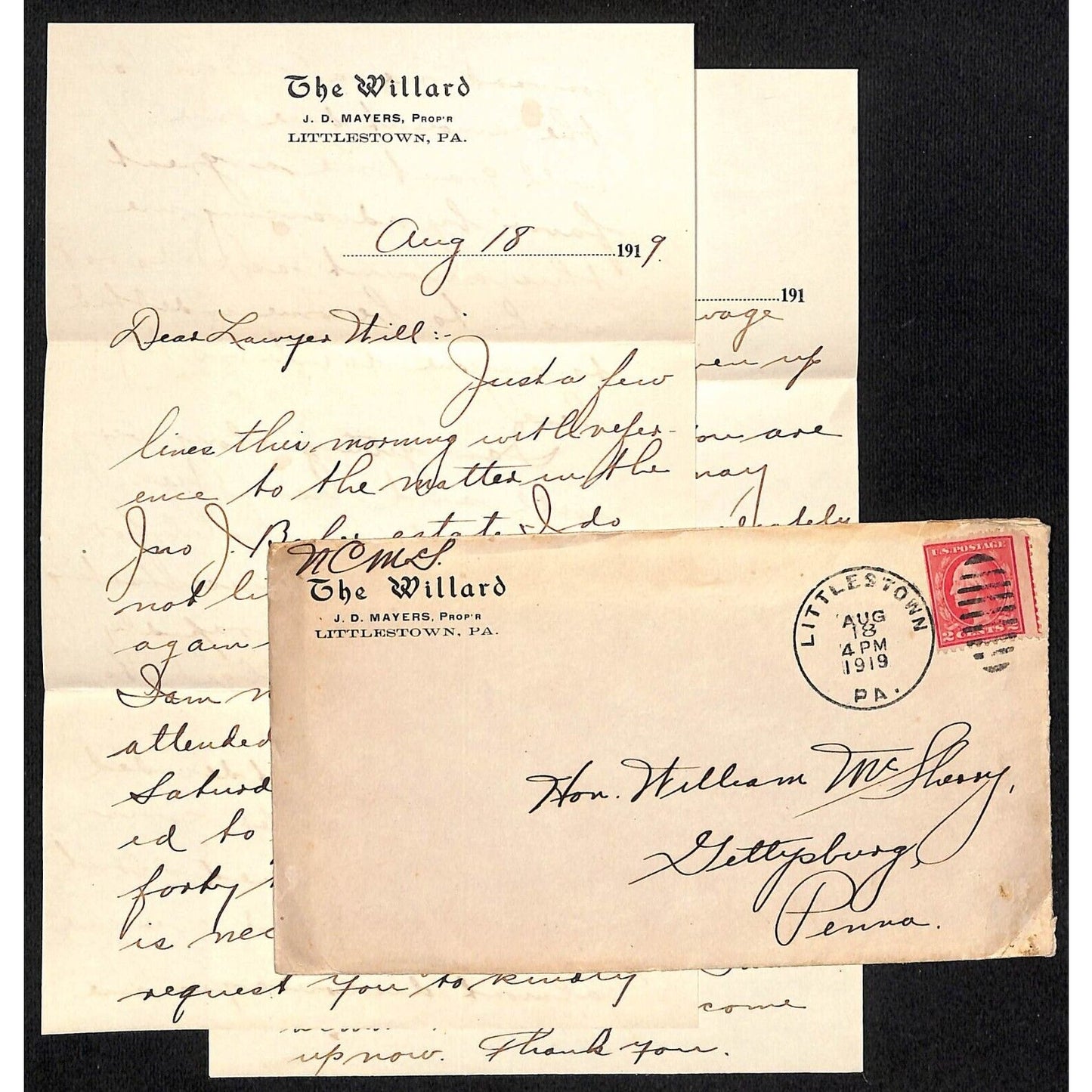 1919 The Willard Hotel Littletown, PA Vignette 2pp ALS + Cover re: Estate