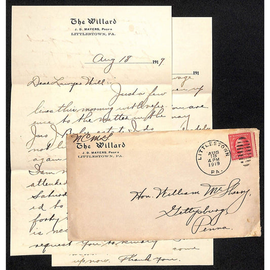 1919 The Willard Hotel Littletown, PA Vignette 2pp ALS + Cover re: Estate