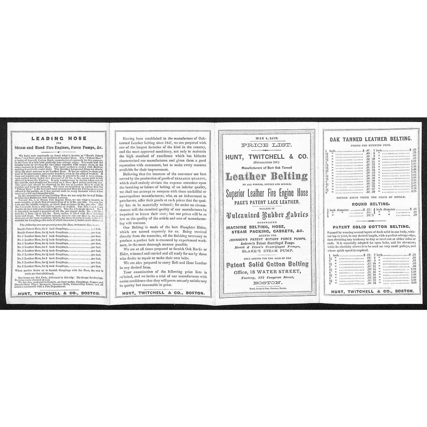 Hunt, Twitchell & Co. Boston Rubber Fabrics Leather Belting Fire Hose Price List