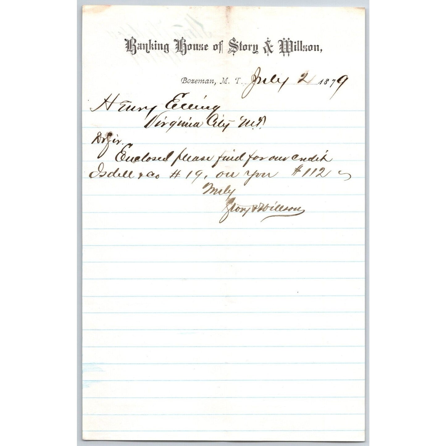 Banking House of Story & Nelson Bozeman, MT 7/2 1879 Letterhead Henry Elling*