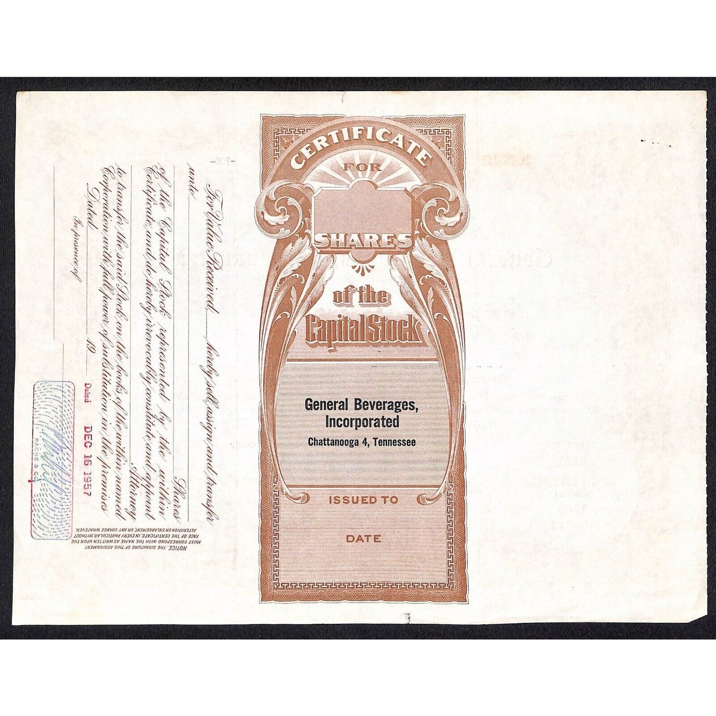 General Beverages, Inc.* Tennessee 1957 Stock Certificate Bache & Co. #33742
