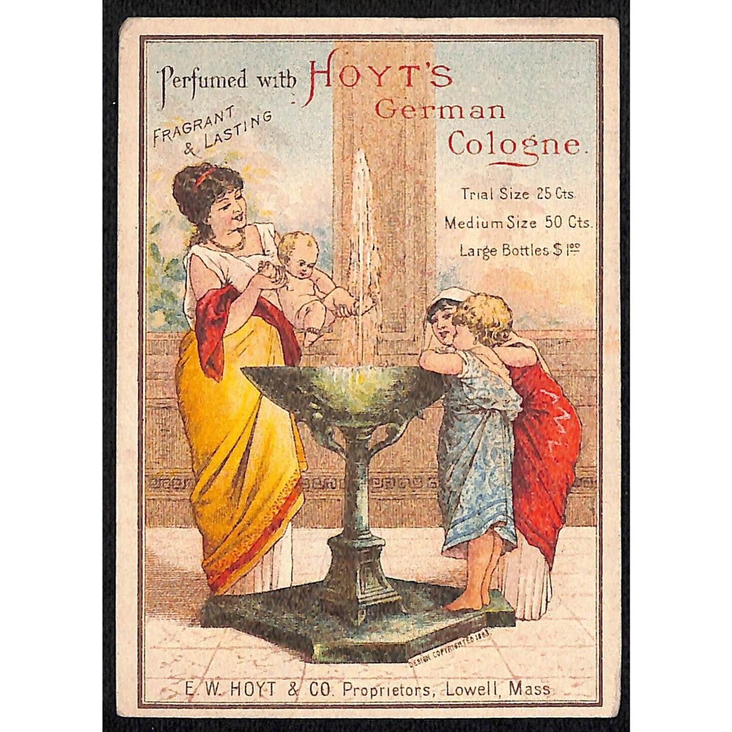 Hoyt's German Cologne Victorian Trade Card Kids Play in Small Water Fountain
