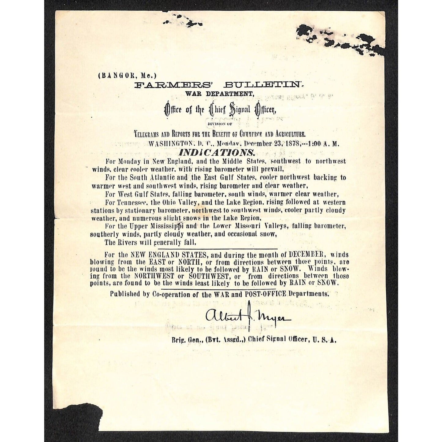 Bangor, ME Chief Signal Office, War Department Farmers' Bulletin - Dec. 23, 1878