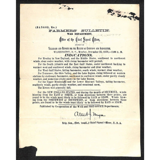 Bangor, ME Chief Signal Office, War Department Farmers' Bulletin - Dec. 23, 1878