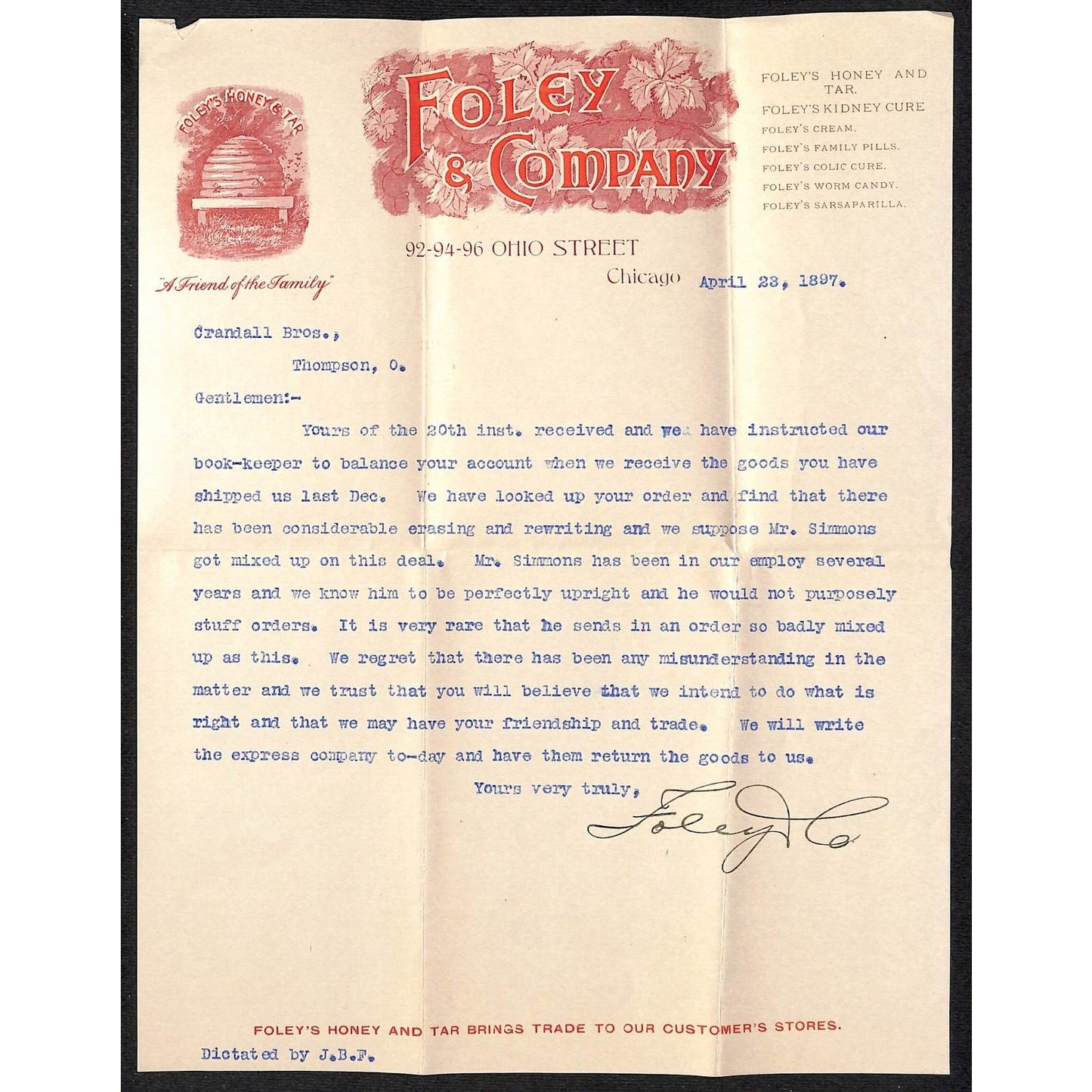 Foley & Company Honey & Tar Chicago 1897 Letterhead, Insert & Cover Beehive