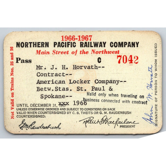 Northern Pacific Railway 1966-67 Yearly Train Pass #7042