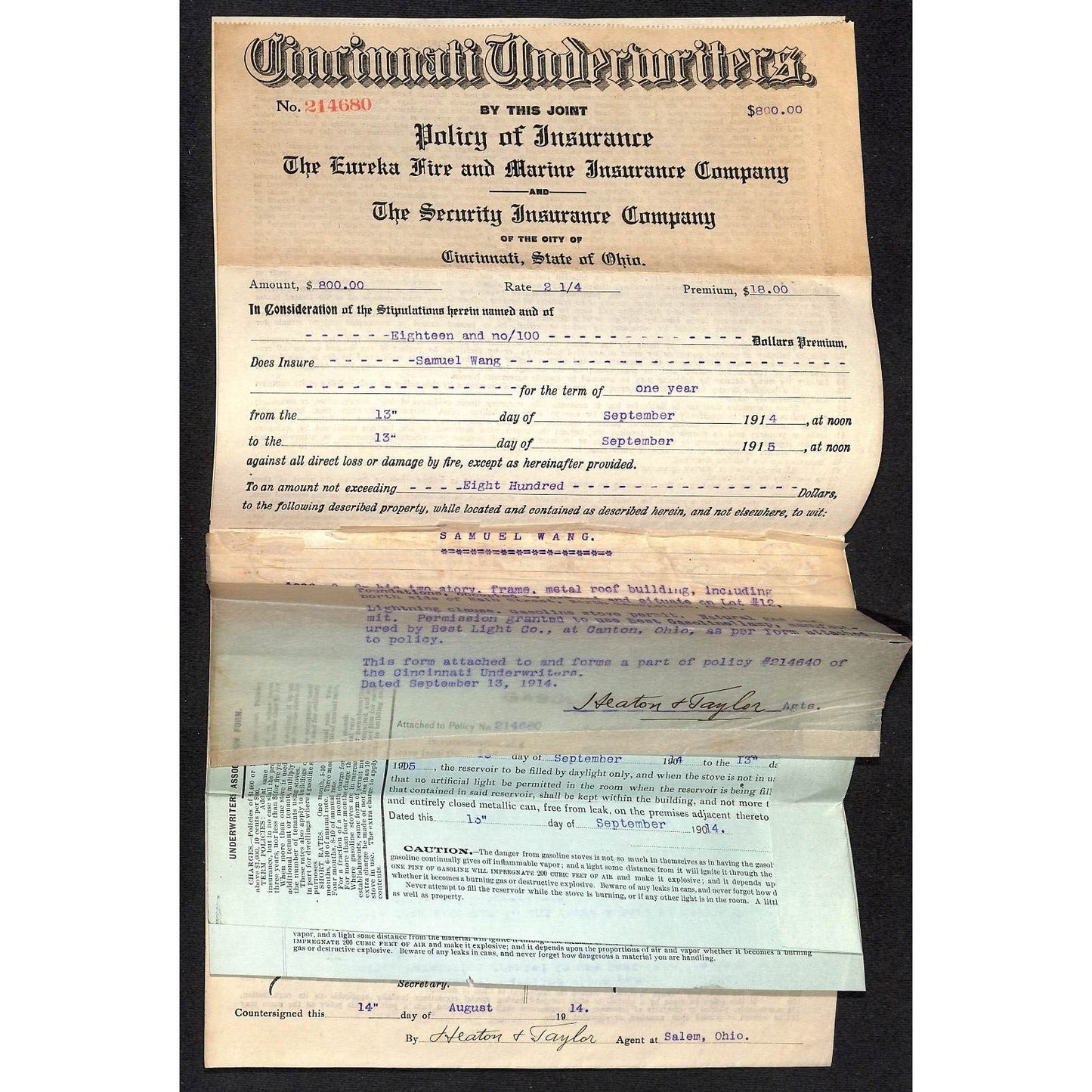 Heaton & Taylor Insurance Salem Samuel Wang Co* North Georgetown 1915 Policy
