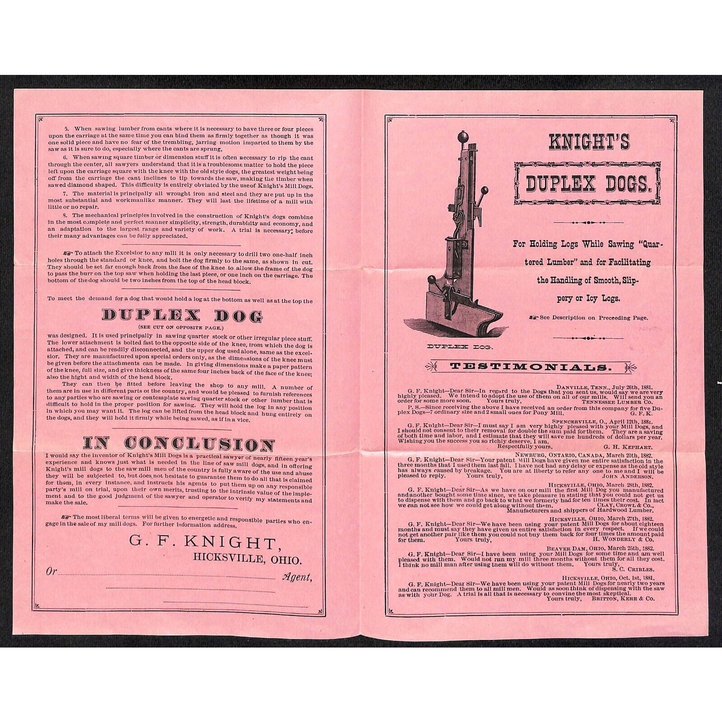 c1883 G.F. Knight & Co. Hicksville, OH "Duplex Dog" for Holding Logs Brochure