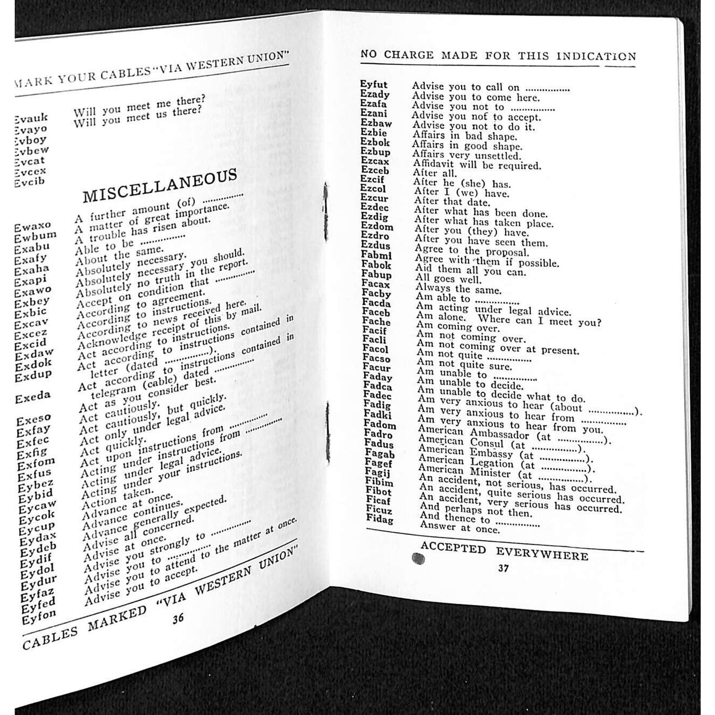Western Union Traveler's Cable Code Booklet c1936 71pp VGC Scarce
