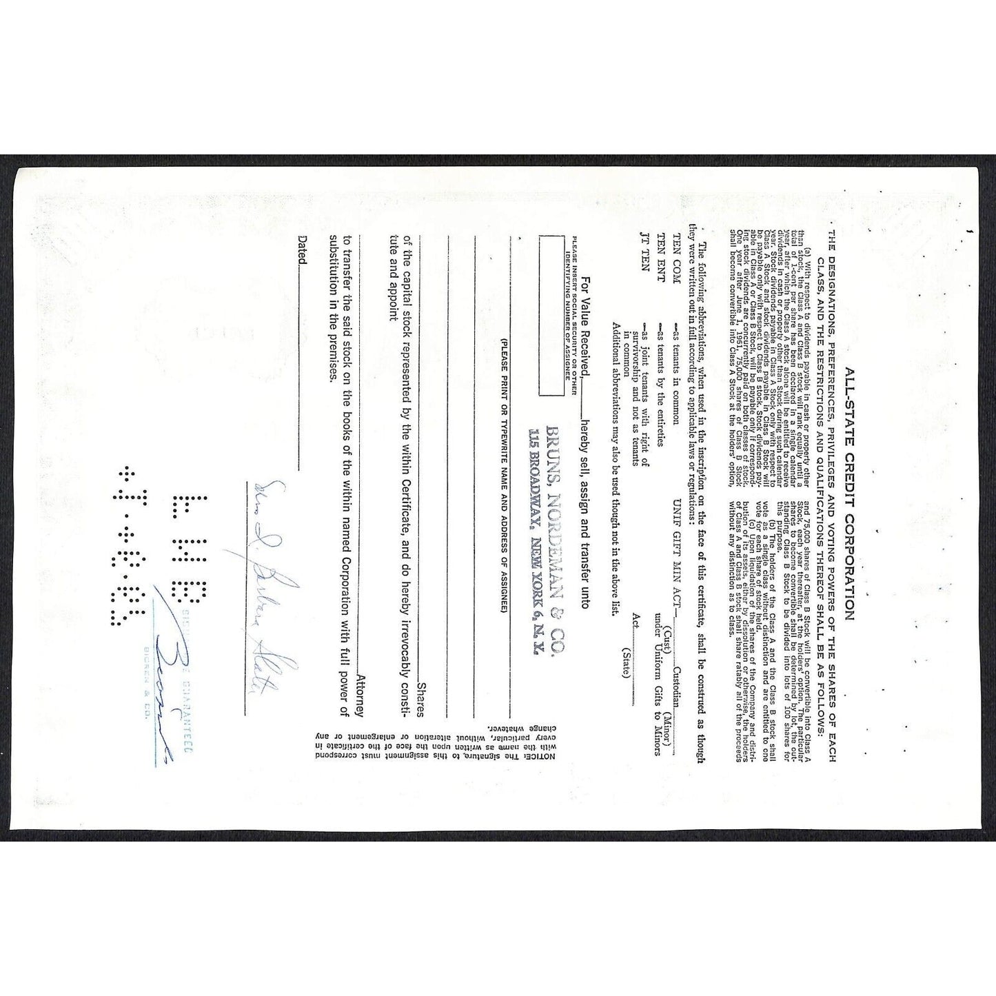 All State Credit Corporation NY 1966 Stock Certificate - Mrs. I Barbara Slater