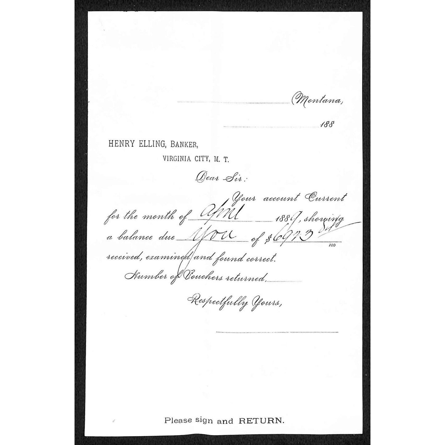 1889 Henry Elling Virginia City Montana Territory Monthly Statement (#3)