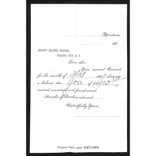 1889 Henry Elling Virginia City Montana Territory Monthly Statement (#3)