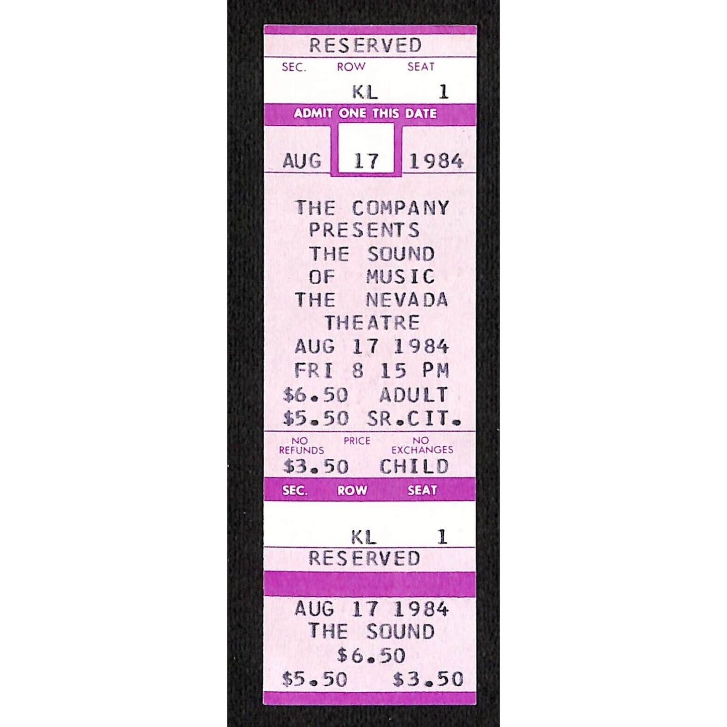 1984 Nevada Theatre "The Sound of Music" Ticket - Seat 1 VGC