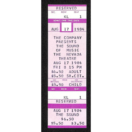 1984 Nevada Theatre "The Sound of Music" Ticket - Seat 1 VGC