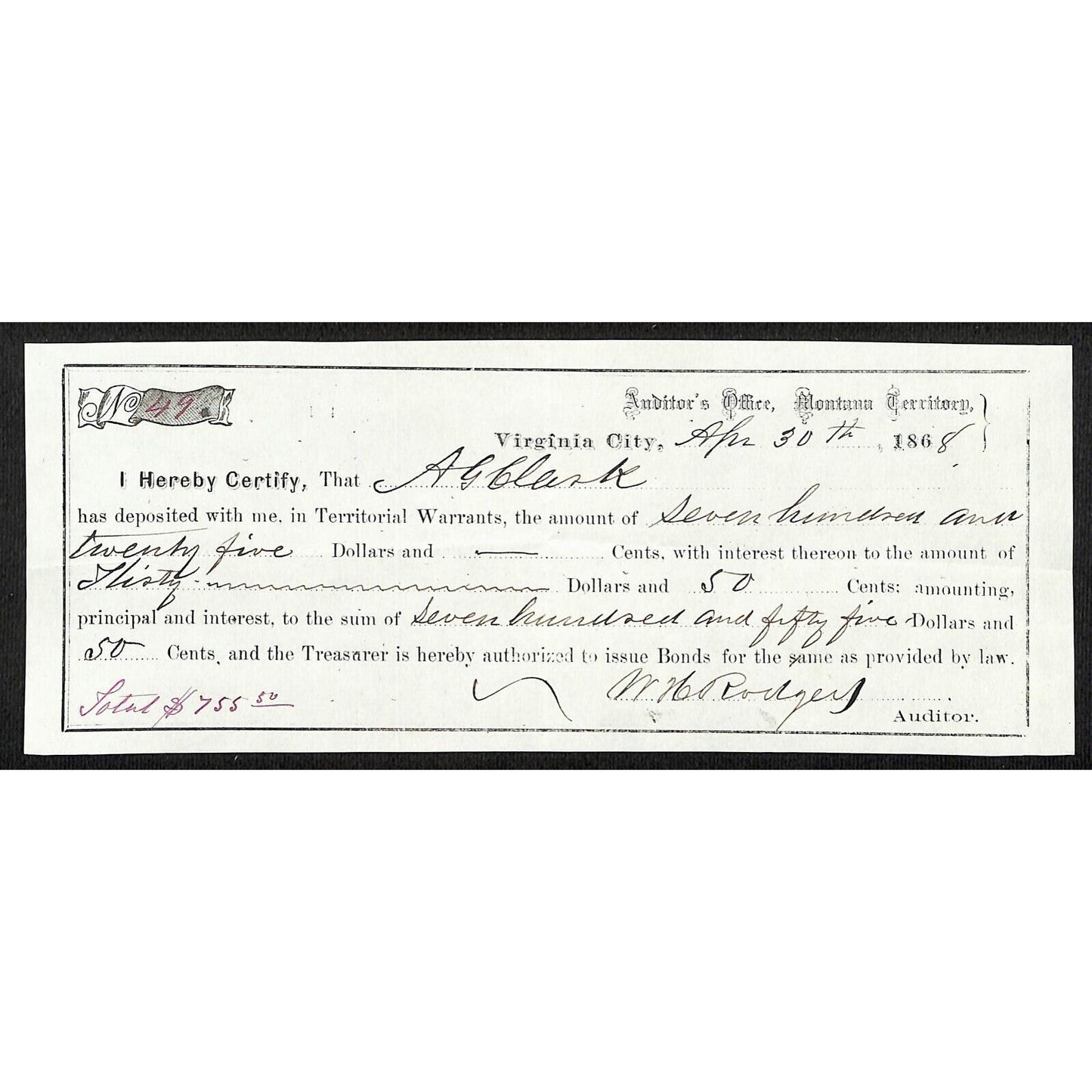 1868 Virginia City, MT Territorial Warrant Deposit Receipt A.G. Clark