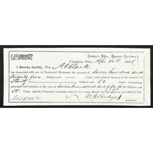 1868 Virginia City, MT Territorial Warrant Deposit Receipt A.G. Clark