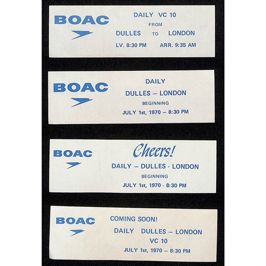 BOAC Airways 1970 Paper Stock Dulles to London Flight Time Slips 4pcs. VGC