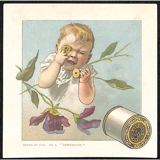 J&P Coats Thread Victorian Trade Card Unhappy Baby Playing with Product