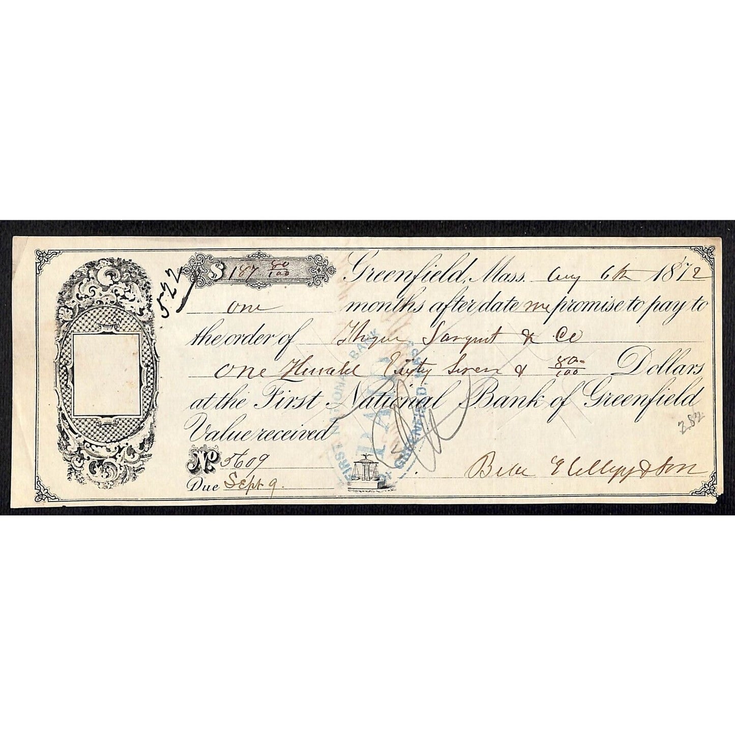 1872 First National Bank of Greenfield, MA $187.80 Promissory Note