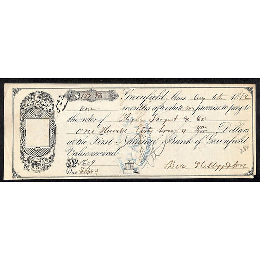 1872 First National Bank of Greenfield, MA $187.80 Promissory Note