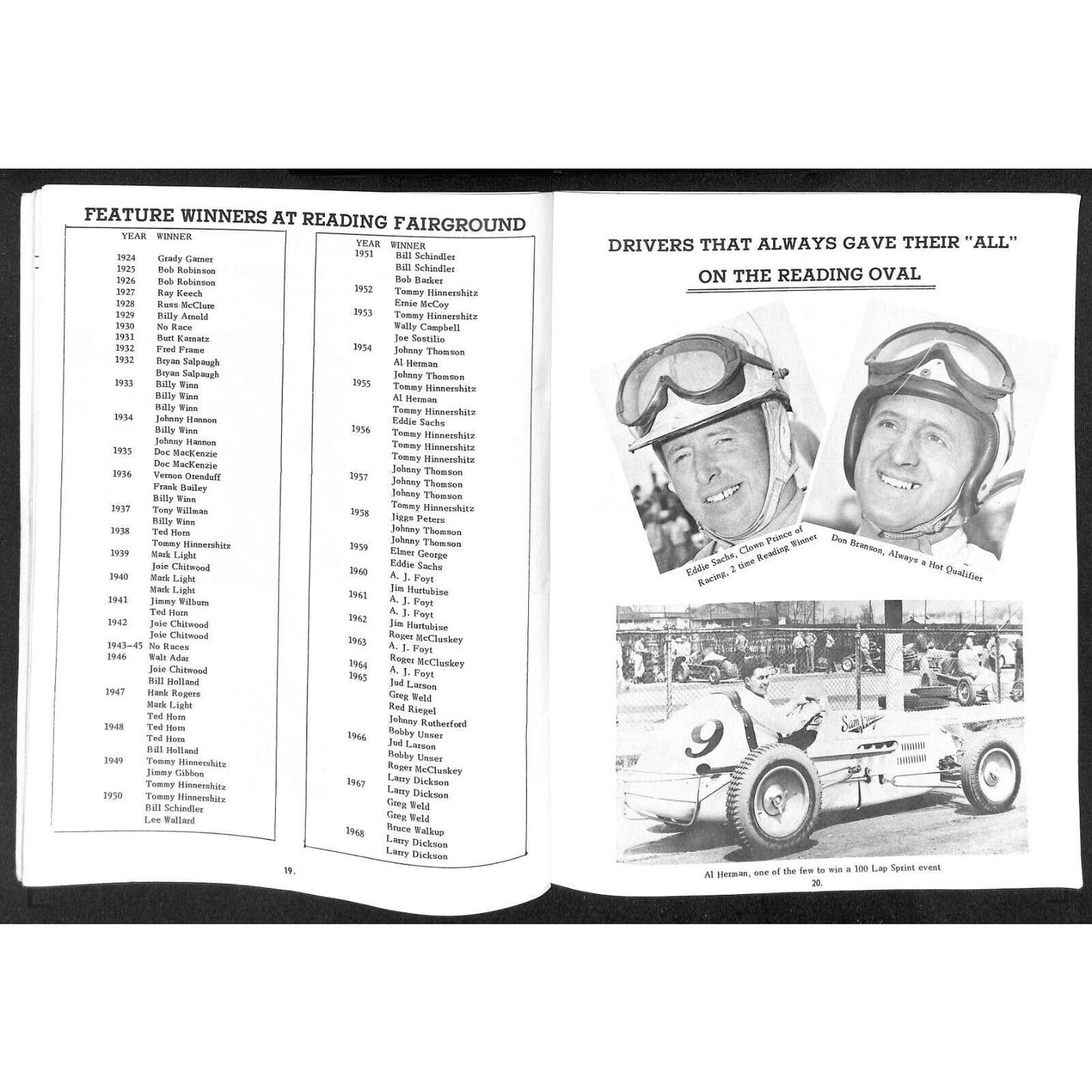 Reading Fairgrounds 1968 USAC Auto Races Program Sprint Car 100th 28pp*