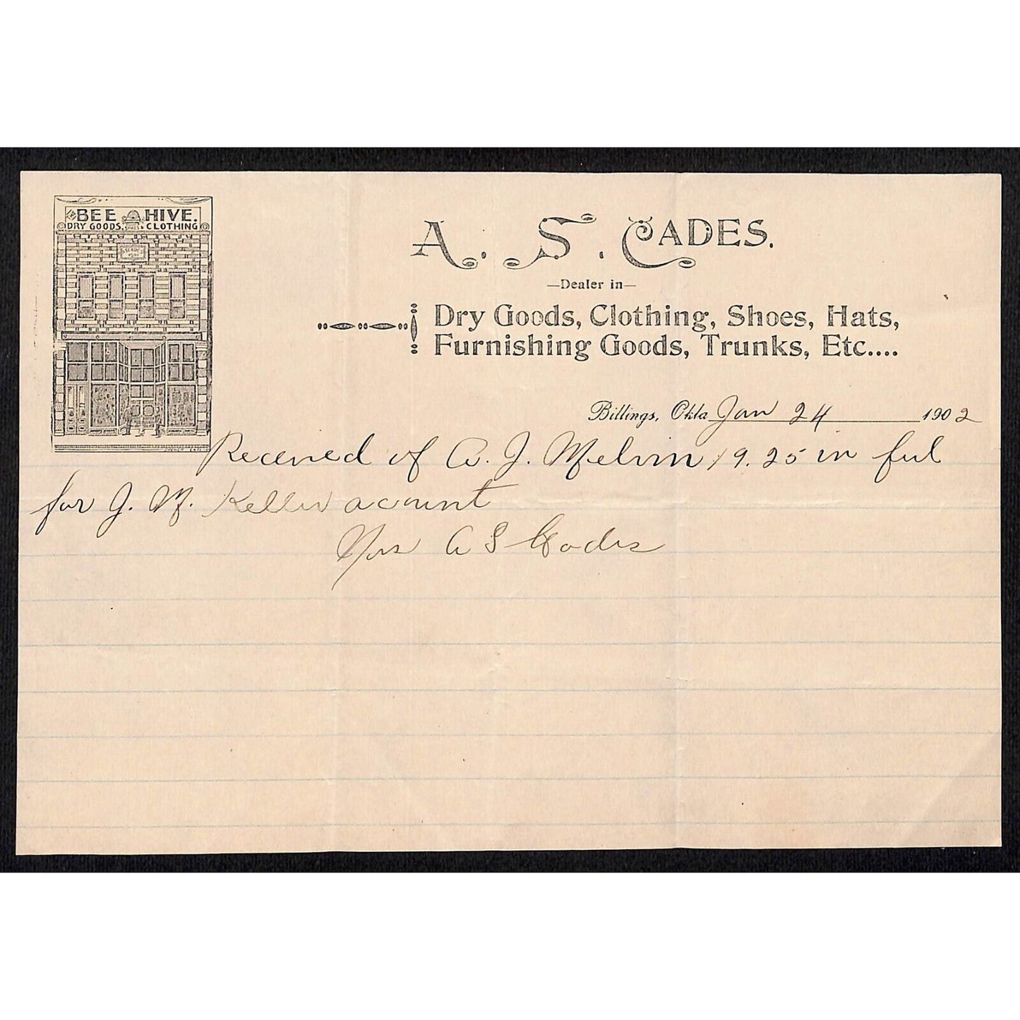 A.S. Cades Dry Goods Clothing Billings, OK 1902 Territorial Billhead Bee Hive