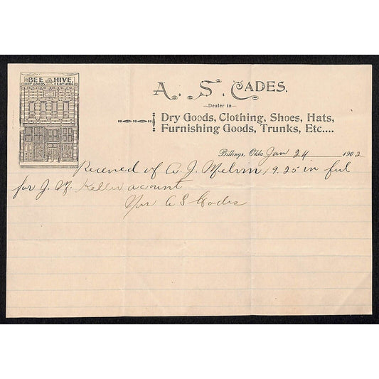 A.S. Cades Dry Goods Clothing Billings, OK 1902 Territorial Billhead Bee Hive