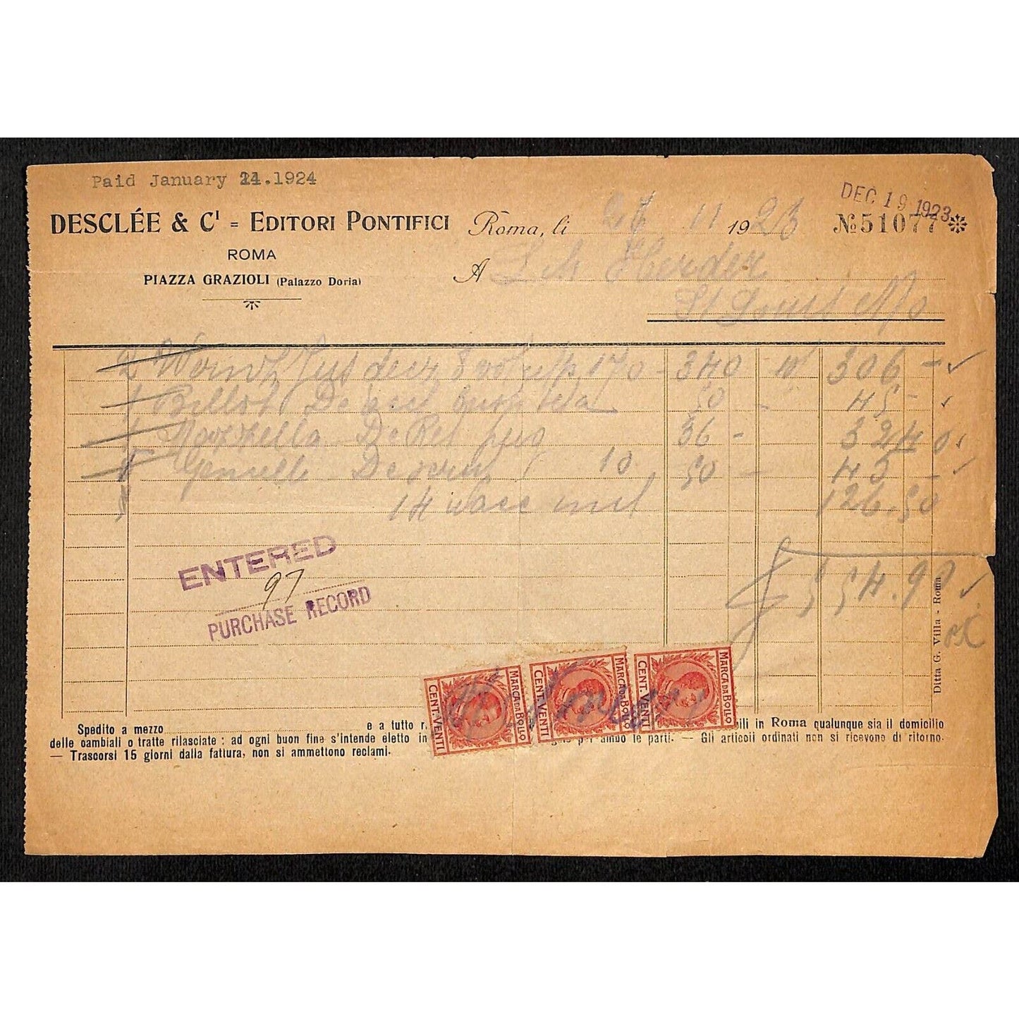Desclée & Compagnie Rome Pontifical Publishers 12/19 1923 Billhead Tax Stamps