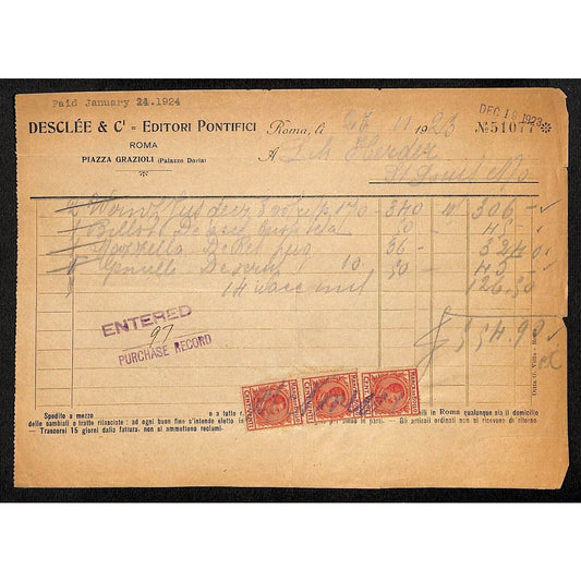 Desclée & Compagnie Rome Pontifical Publishers 12/19 1923 Billhead Tax Stamps