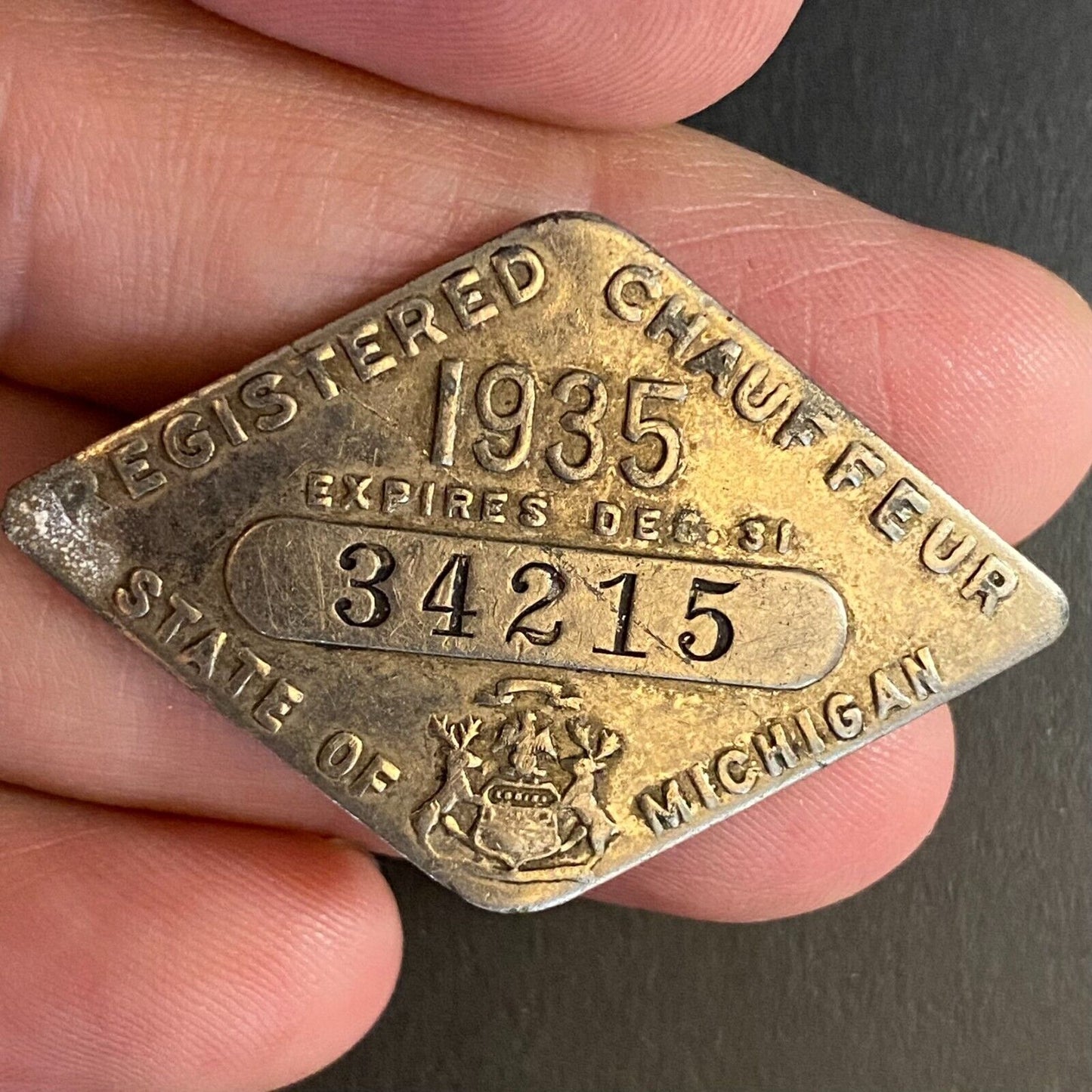 1935 Michigan Licensed Registered Chauffeur Badge Metal Pin Back Driver #34215