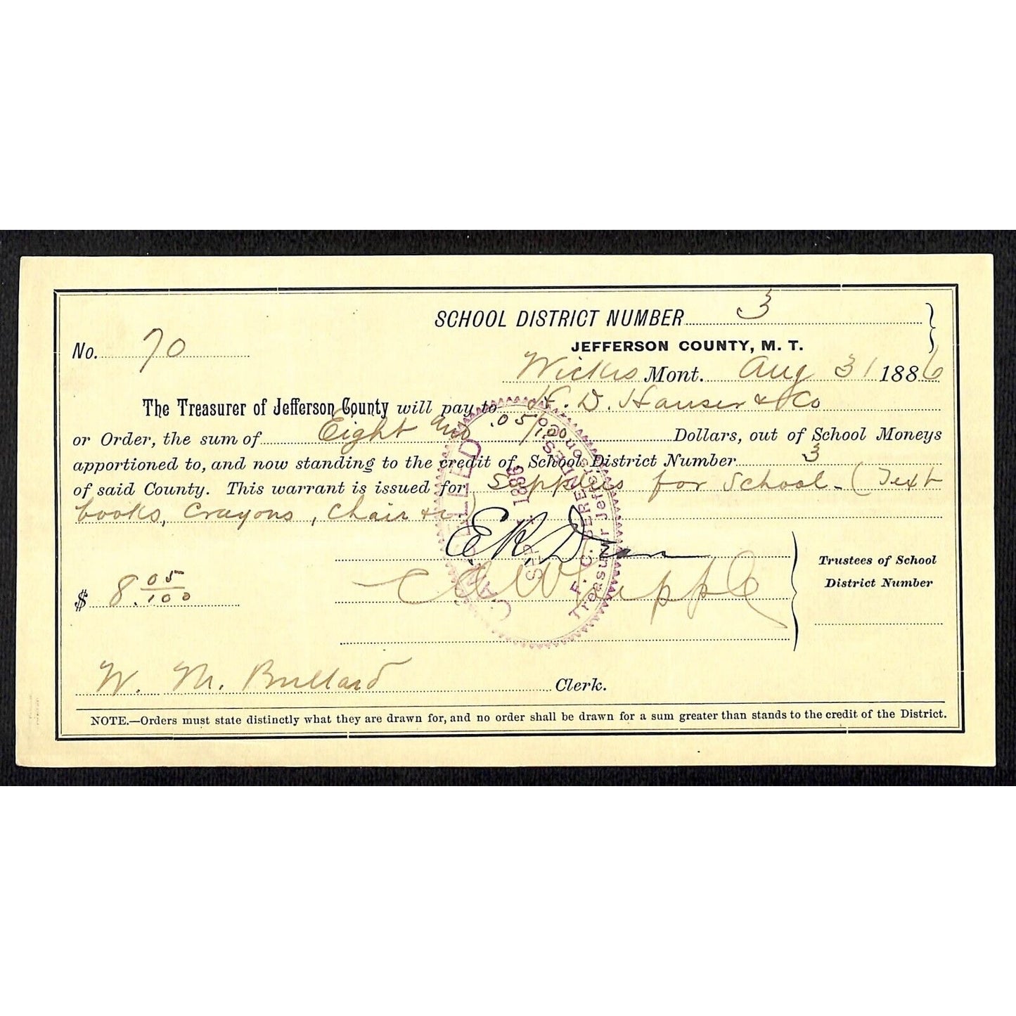 1886 Jefferson County Montana Territory School Warrant for Text Books Crayons