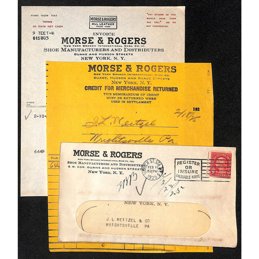 Morse & Rogers Sundial Shoe Mfg. Duane & Hudson Sts NYC 1925 3 Billheads + Cover