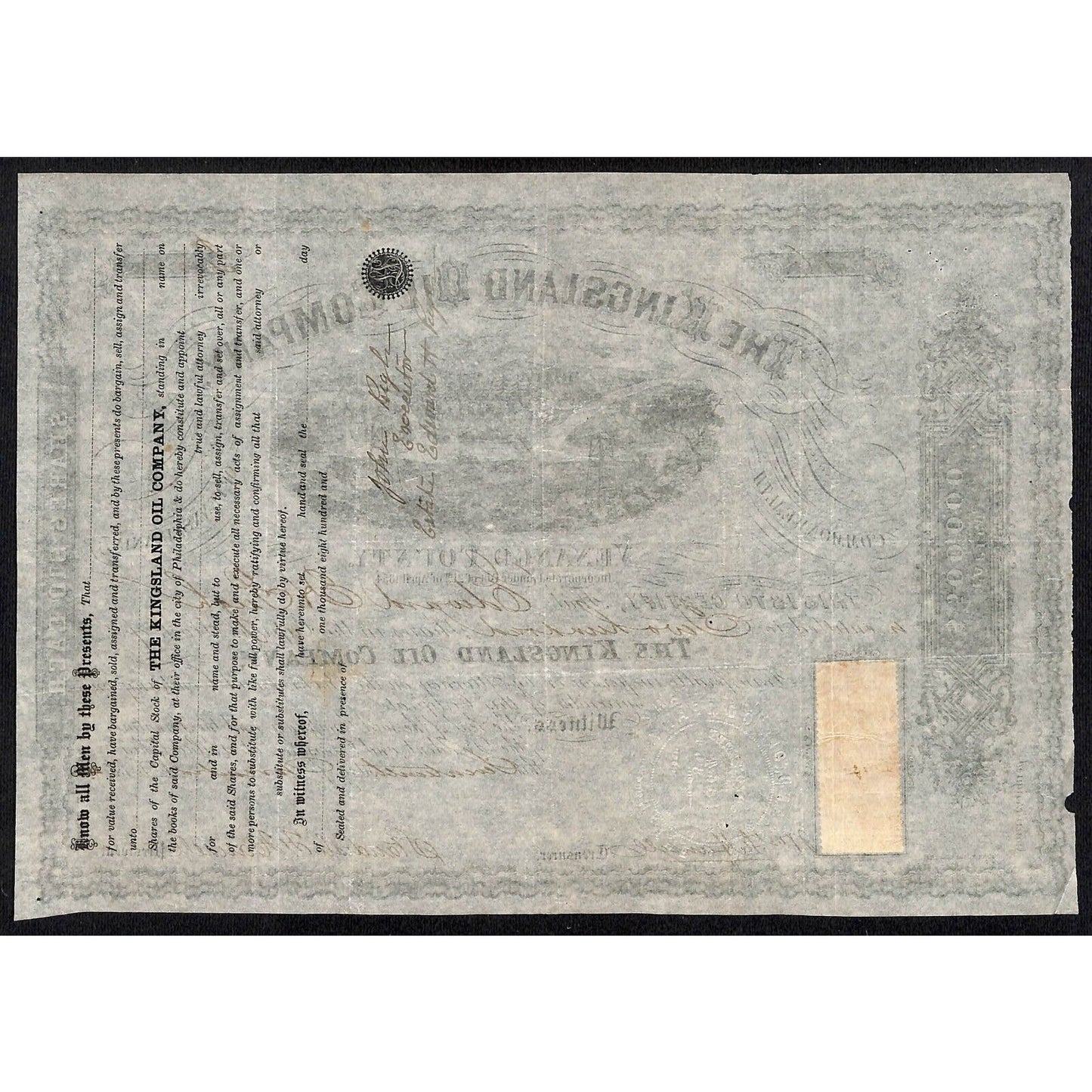 Kingsland Oil Company Pennsylvania 1864 Stock Certificate Rev Stamp Scarce