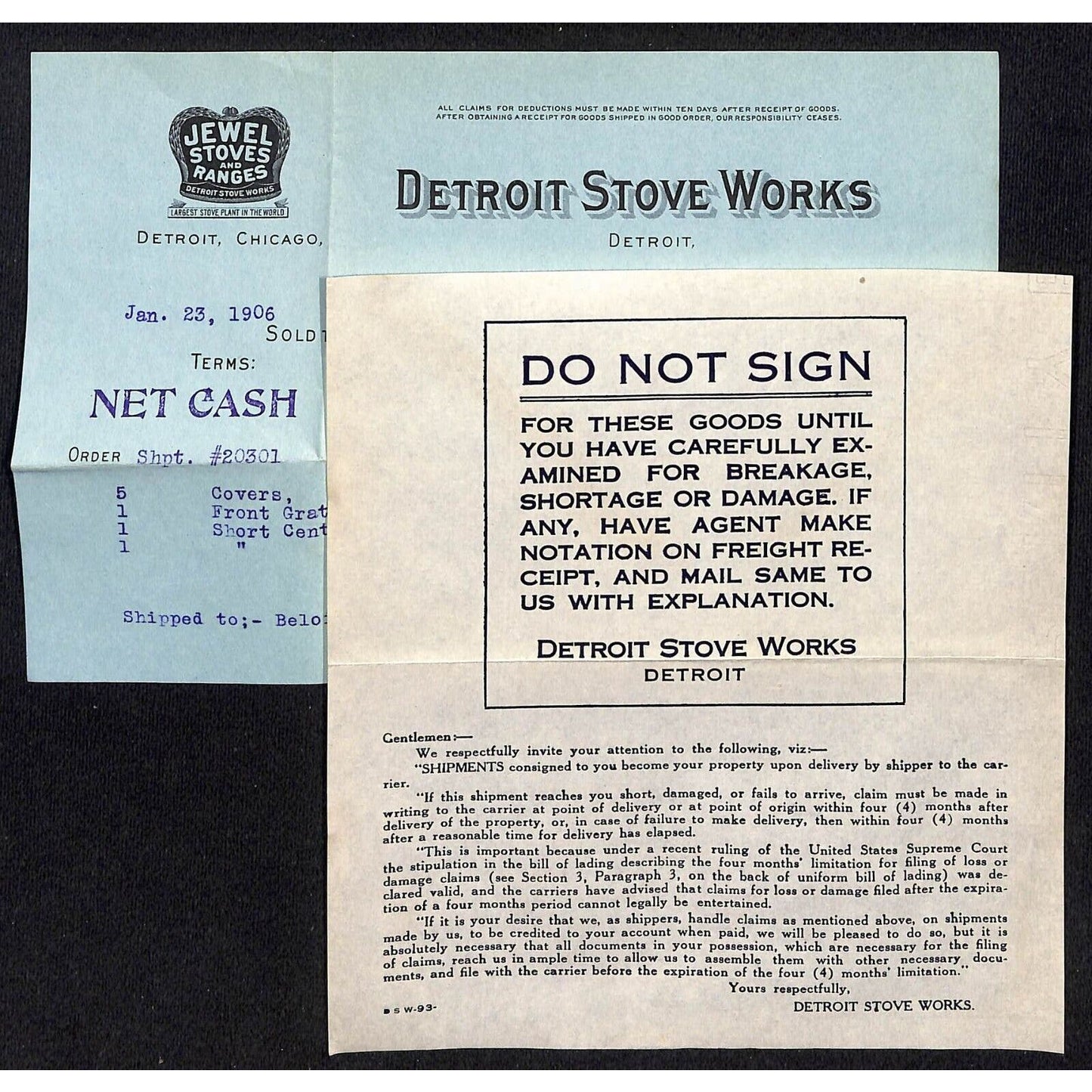 Detroit Stove Works / Samuel Wang Co* North Georgetown 1906 Billhead & Cover +