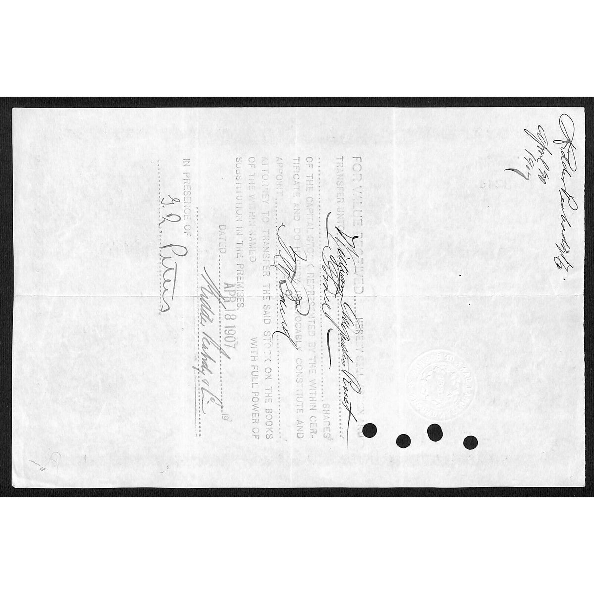Second National Bank of Boston 1908 Stock Certificate to Kidder Peabody