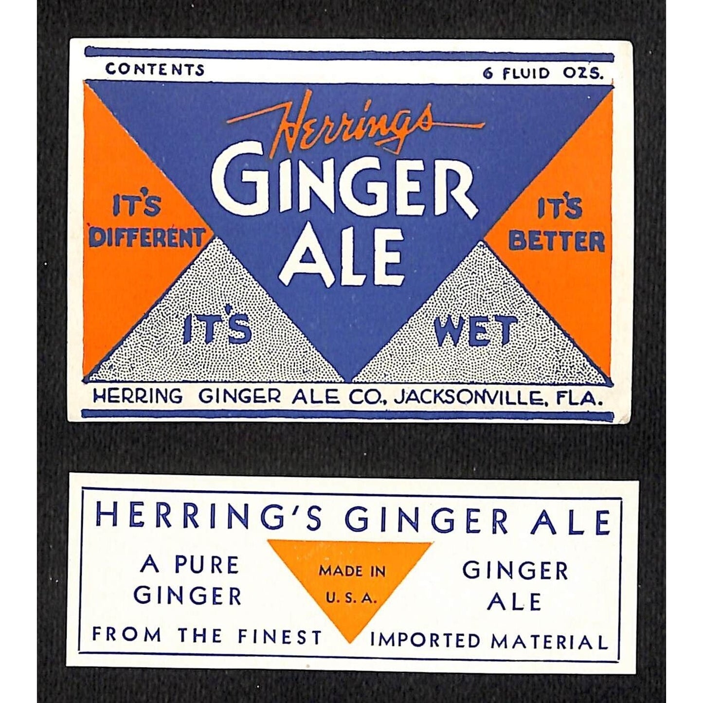 Herring's Ginger Ale Soda Label Set Jacksonville, FL c1940's-50's