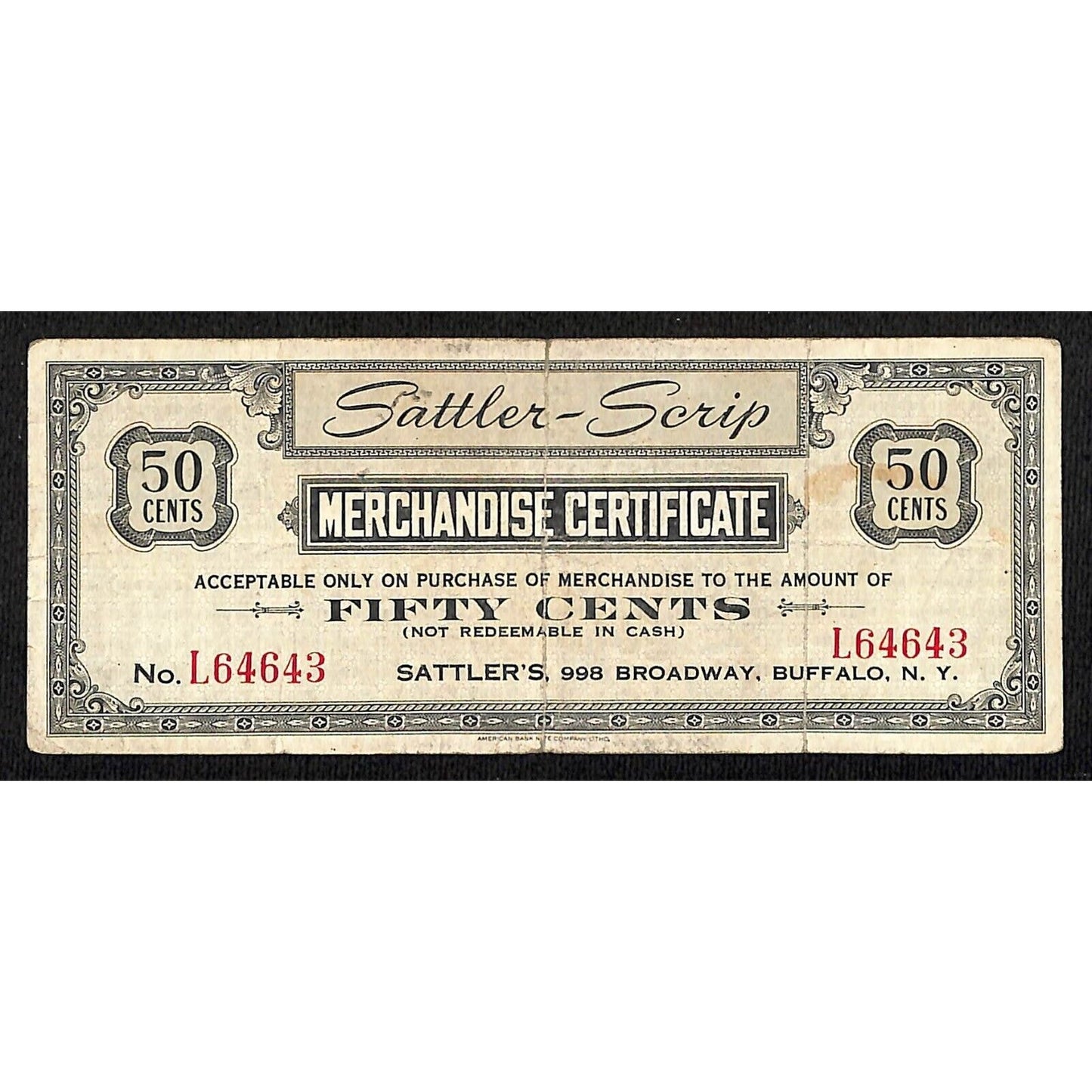 Sattler's 50c Merchandise Certificate "Sattler Script" c1934 Broadway Buffalo