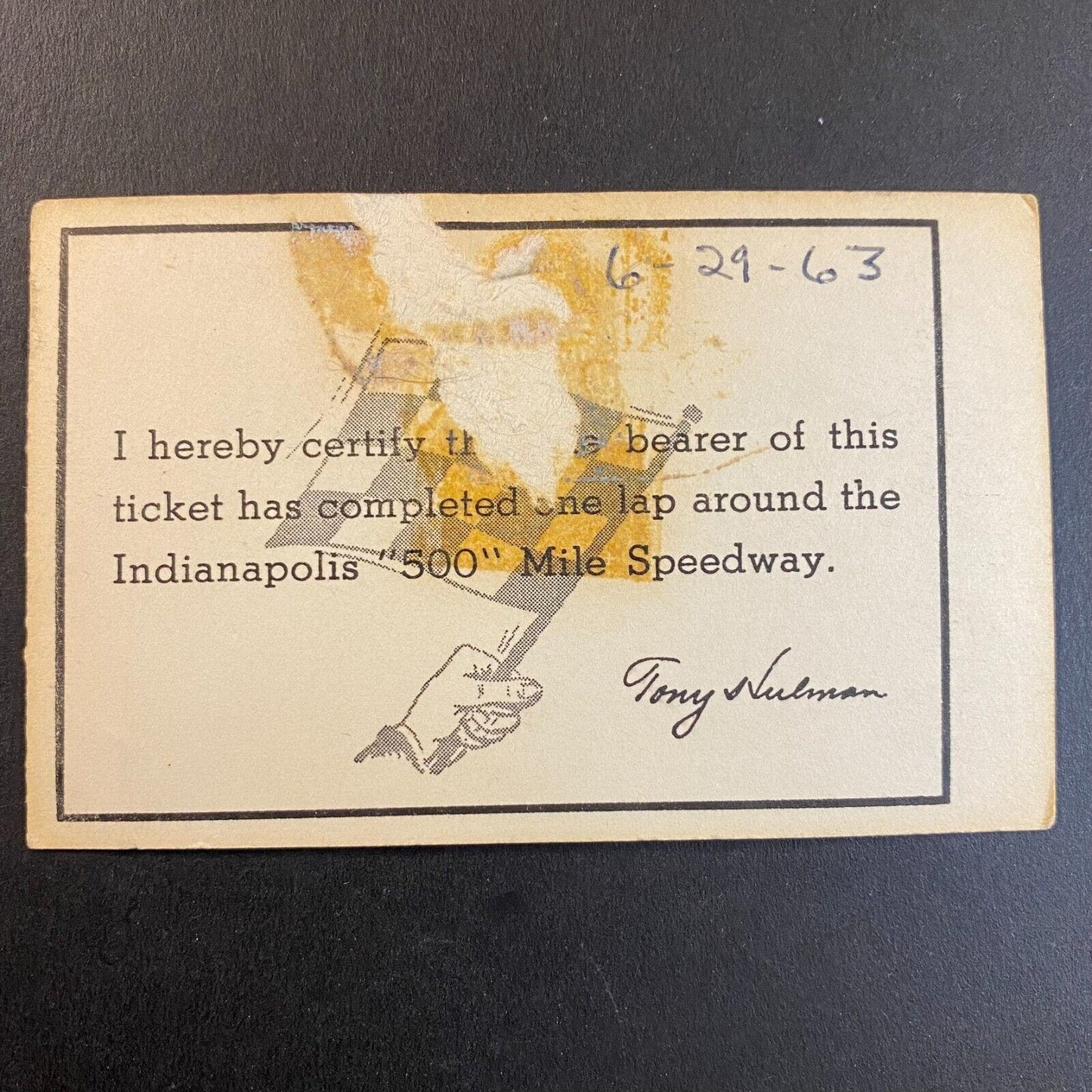 1963 Indianapolis Motor Speedway "500" Track Tour Ticket Stub