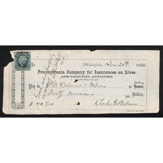 1866 Pennsylvania Co for Insurances on Lives Check Rev Stamp McCalmont & Osborn