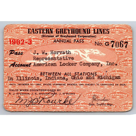 Eastern Greyhound Lines 1962-63 Annual / Yearly Bus Pass #7067