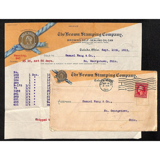 Brown Stamping Co. Samuel Wang Co* N. Georgetown 1911 Billhead & Cover Scarce