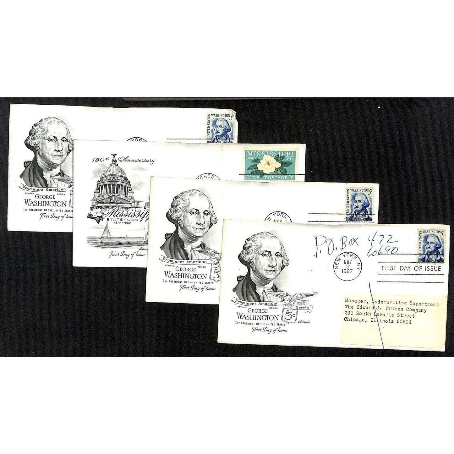 Group of 6 1967 Mississippi & George Washington First Day Covers and Contents