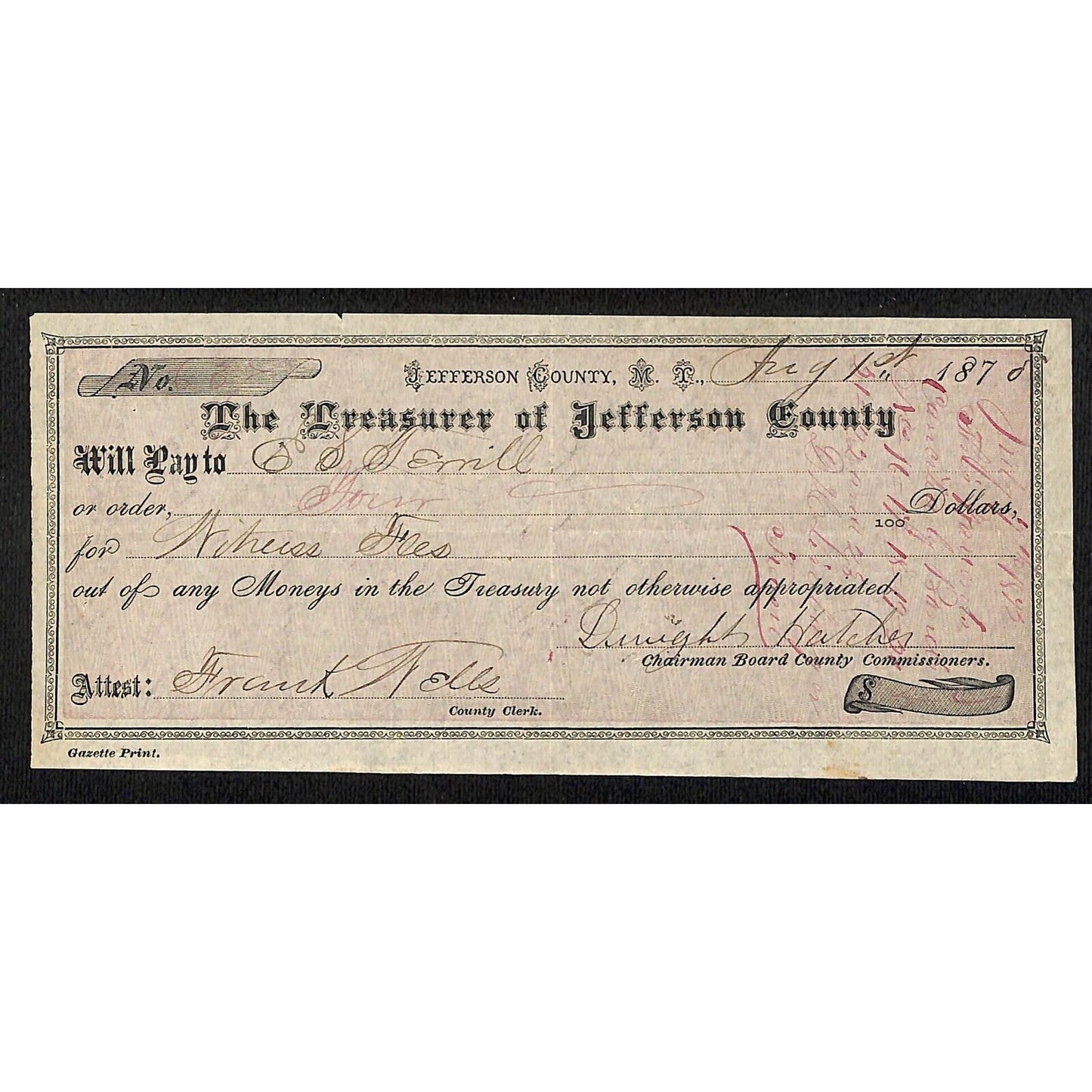 1870 Treasurer of Jefferson County Montana Territory Treasury Draft #637