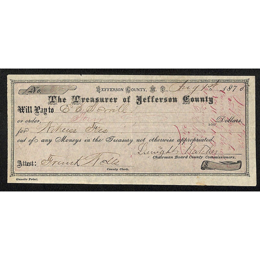 1870 Treasurer of Jefferson County Montana Territory Treasury Draft #637
