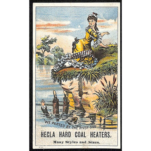Hecla Hard Coal Heaters Victorian Trade Card Angry Girl Pushes? Man in River