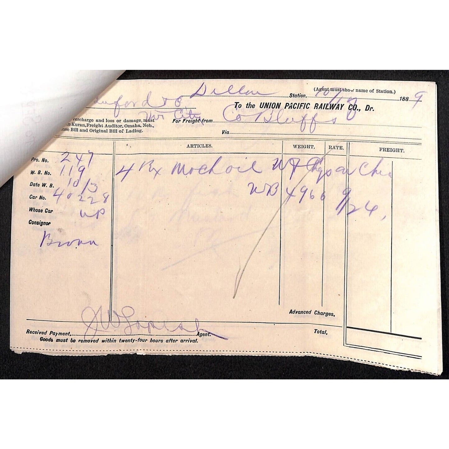 Dillon, MT Sebree, Ferris & White Buford* 5 pcs. 1889 Waybill, Receipt + R.R.