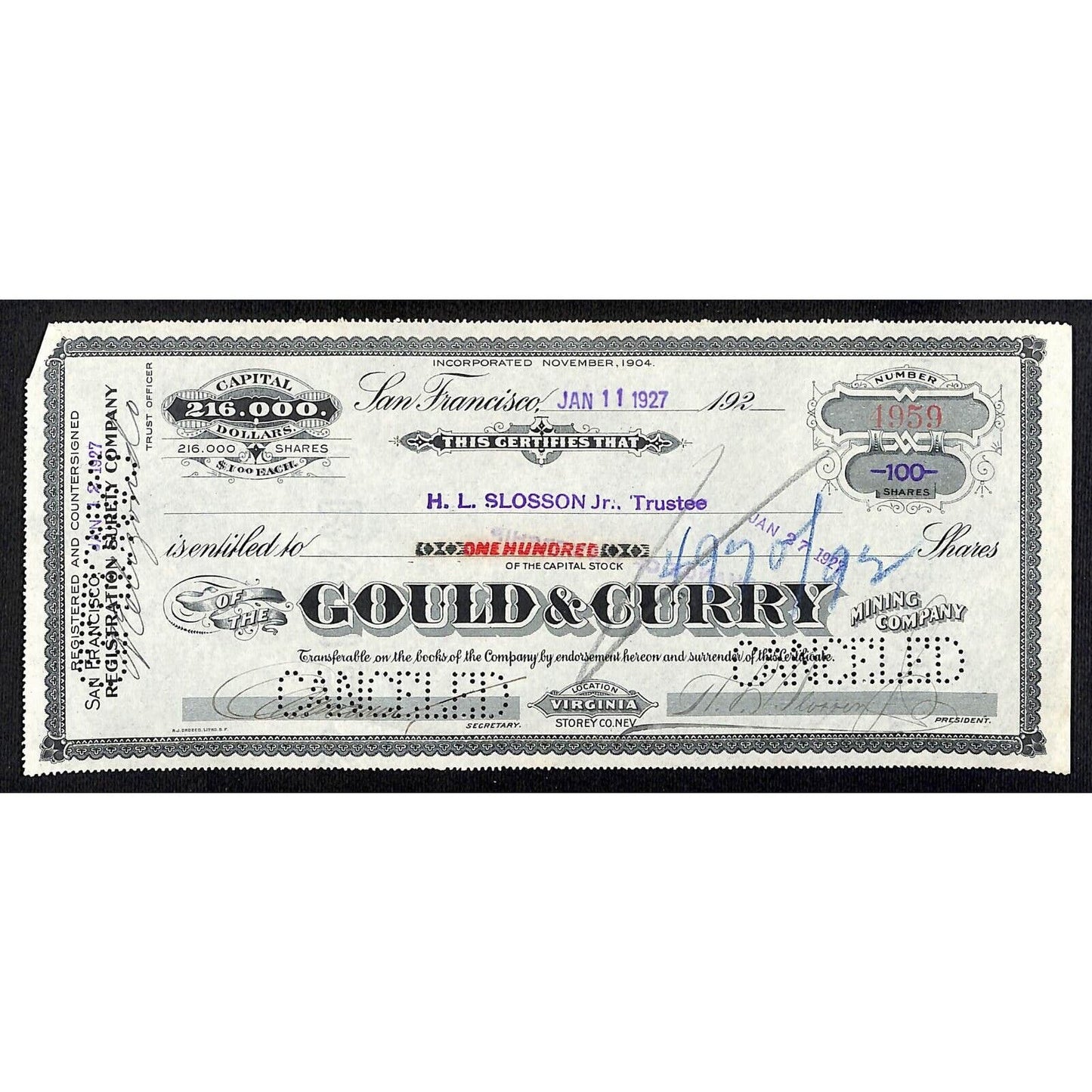 Gould & Curry Mining Company San Francisco 1927 Stock Certificate #4959 VGC
